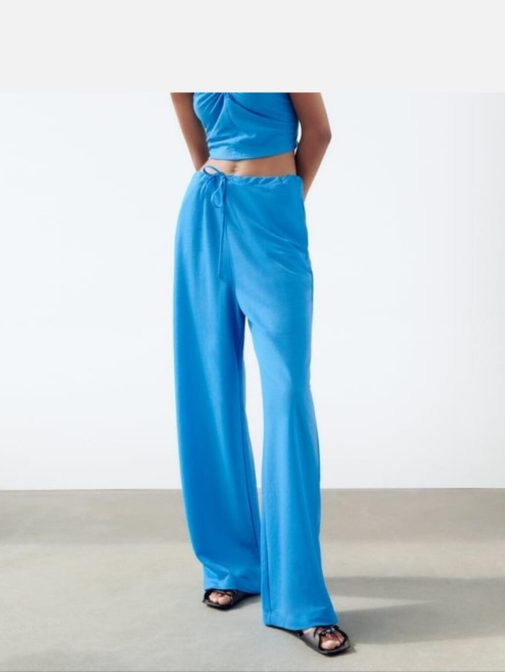 Zara Turquoise Blue Wide-Leg Drawstring Pants Beach Casual Pants Size Medium